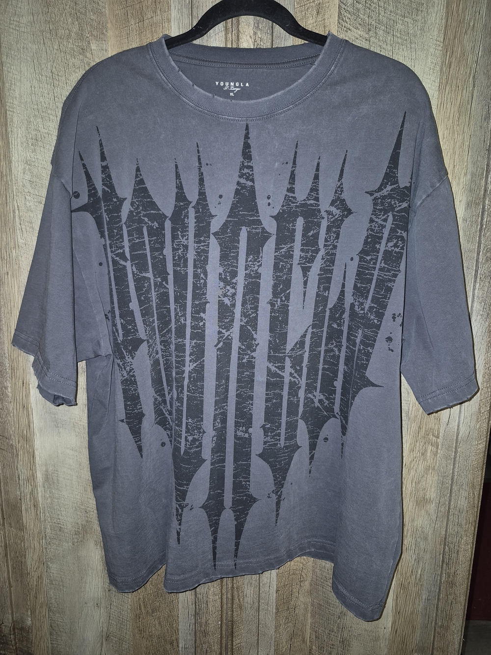 YoungLA XL Oversized Distressed Gothic Graphic Tee Gray Wash NWOT